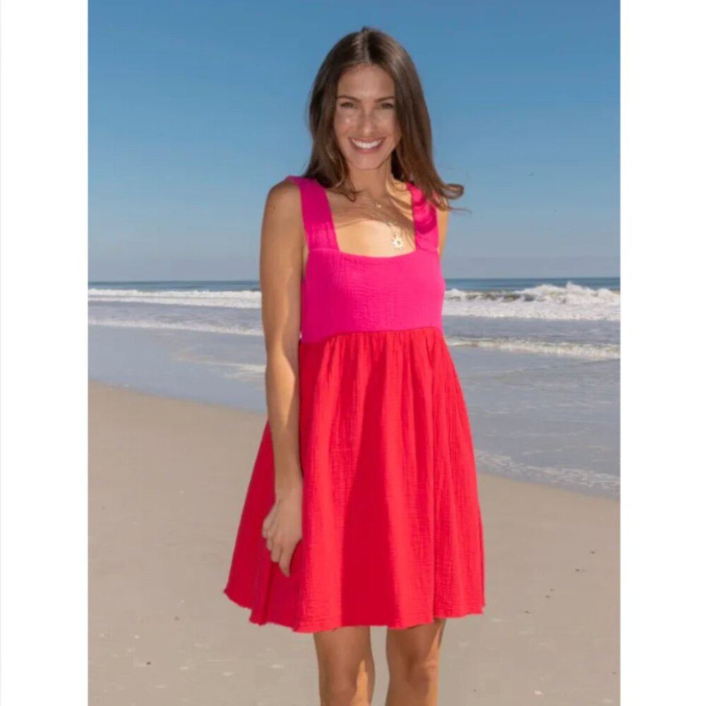 NEW Natural Life Boho Mini Dress Size Large Red Pink Colorblock Cotton Elastic